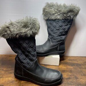 Timberland Winter Boots Girls Faux Fur Top Black Leather Quilted Pull On Sz 6.5
